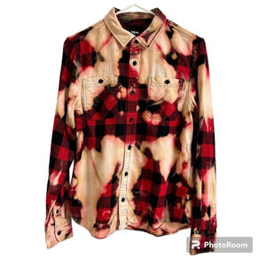 Junior’s XL Bleached Upcycled Long Sleeve Button Up Plaid Shirt One Of A Kind